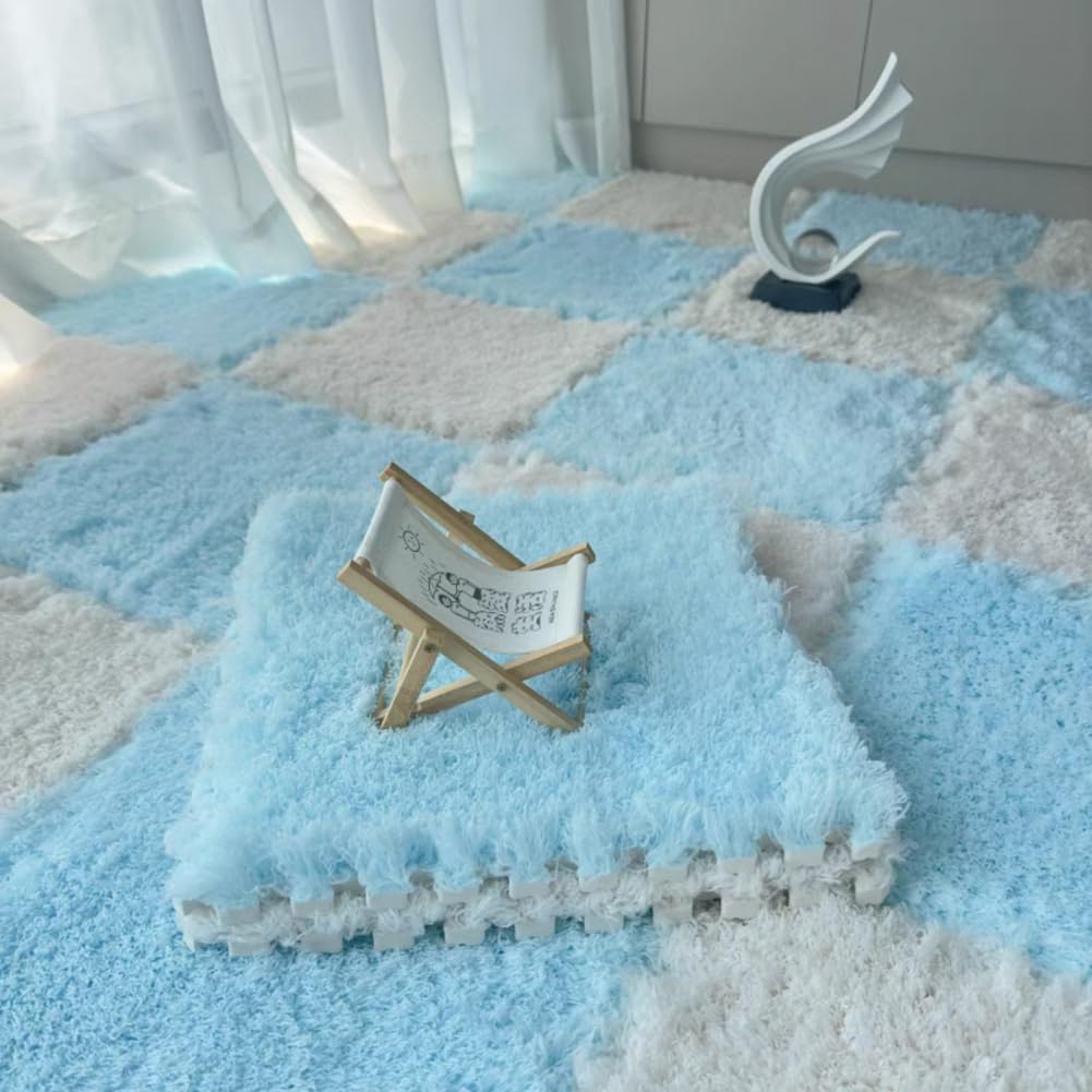 10 Pack Carpet Squares Puzzle Mat 30x30x1cm Plush Interlocking Carpet Tiles,Soft Fluffy Floor Protective Mat Shaggy Area Rug for Bedroom (Blue White)