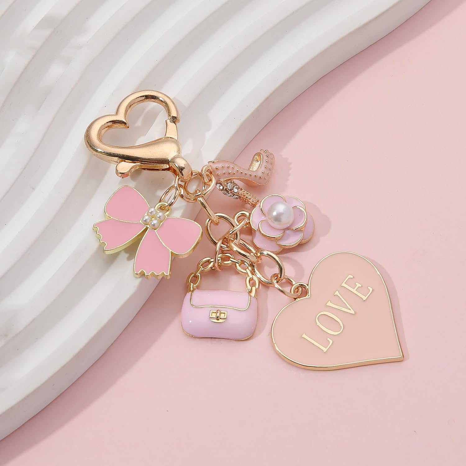 PHAETN 10PCS Pink Cosmetics Heart Shape Charm Keychain Ladies Key Ring with Pearl Flower, Butterfly Bow and Handbag Pendants Wedding Festival Favor Birthday Gift for Women Gift - Image 5