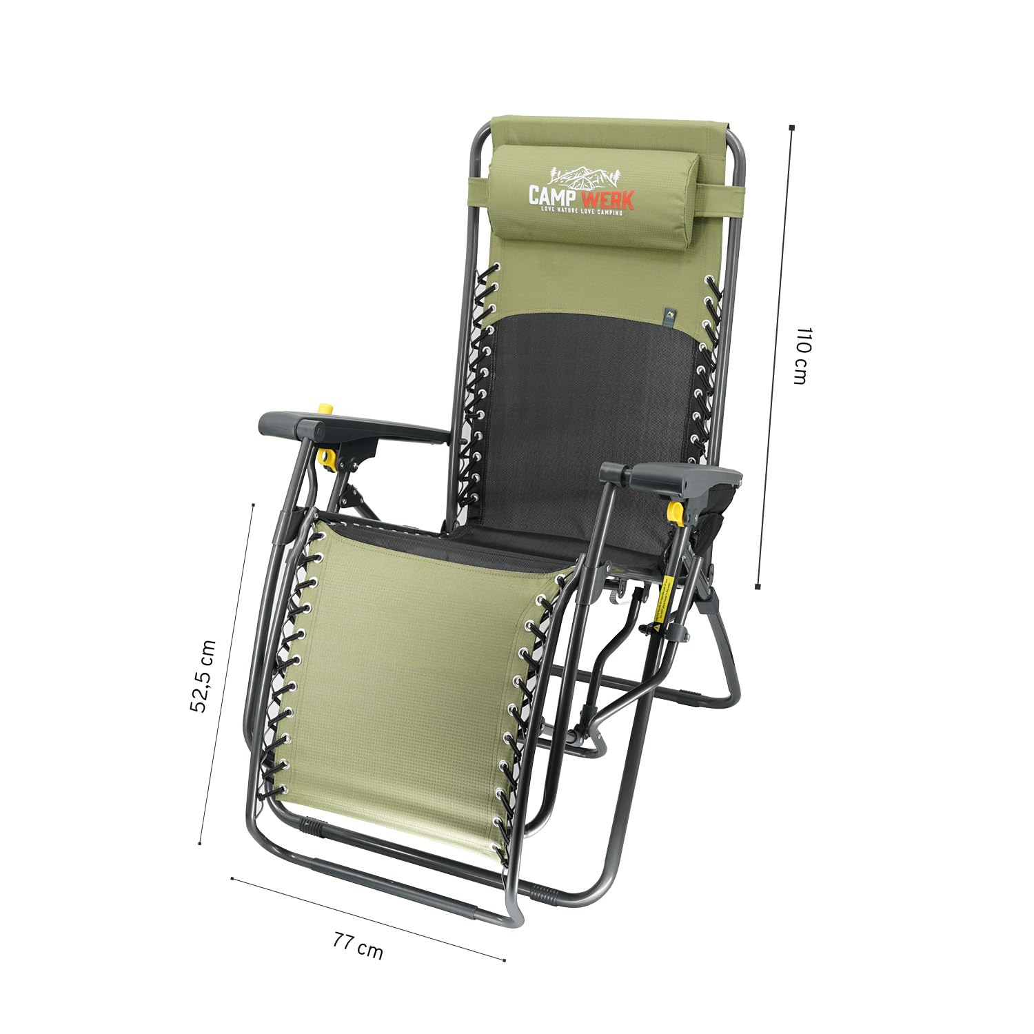 CAMPWERK Relax Campingstuhl, Outdoor Campingliege, Relax-Liege, Sonnenliege, Verstellbare Bein- und Rückenlehne, Mit Getränkehalter, Belastbarkeit bis 150kg, Klappbar, Grün