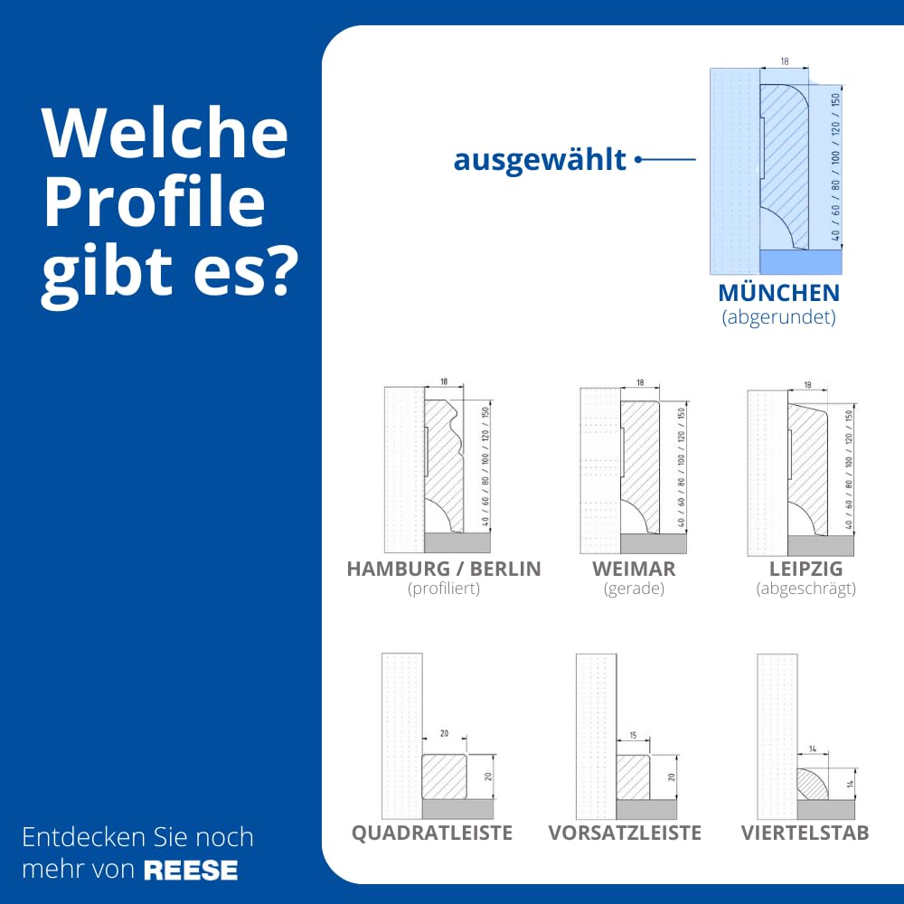 REESE | MASSIVHOLZ Sockelleiste | Eiche LACKIERT | Münchener Profil | Oberkante Rund | (100mm Höhe, 1 Stück / 2,3lfm)