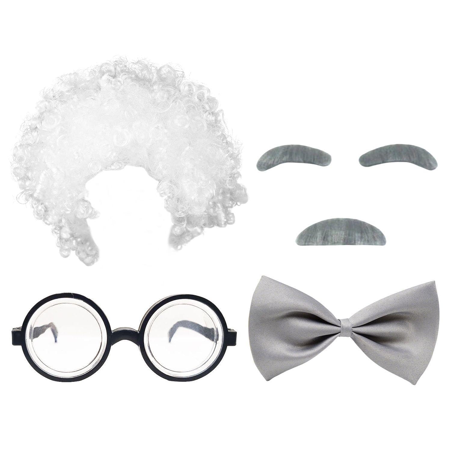 Hinfhi White 1 Wig, 1 Glasses, 1 Set Of Fake Beard And 1 Tie, Role-Playing Props, Elderly Costume Accessories, Performance Props.