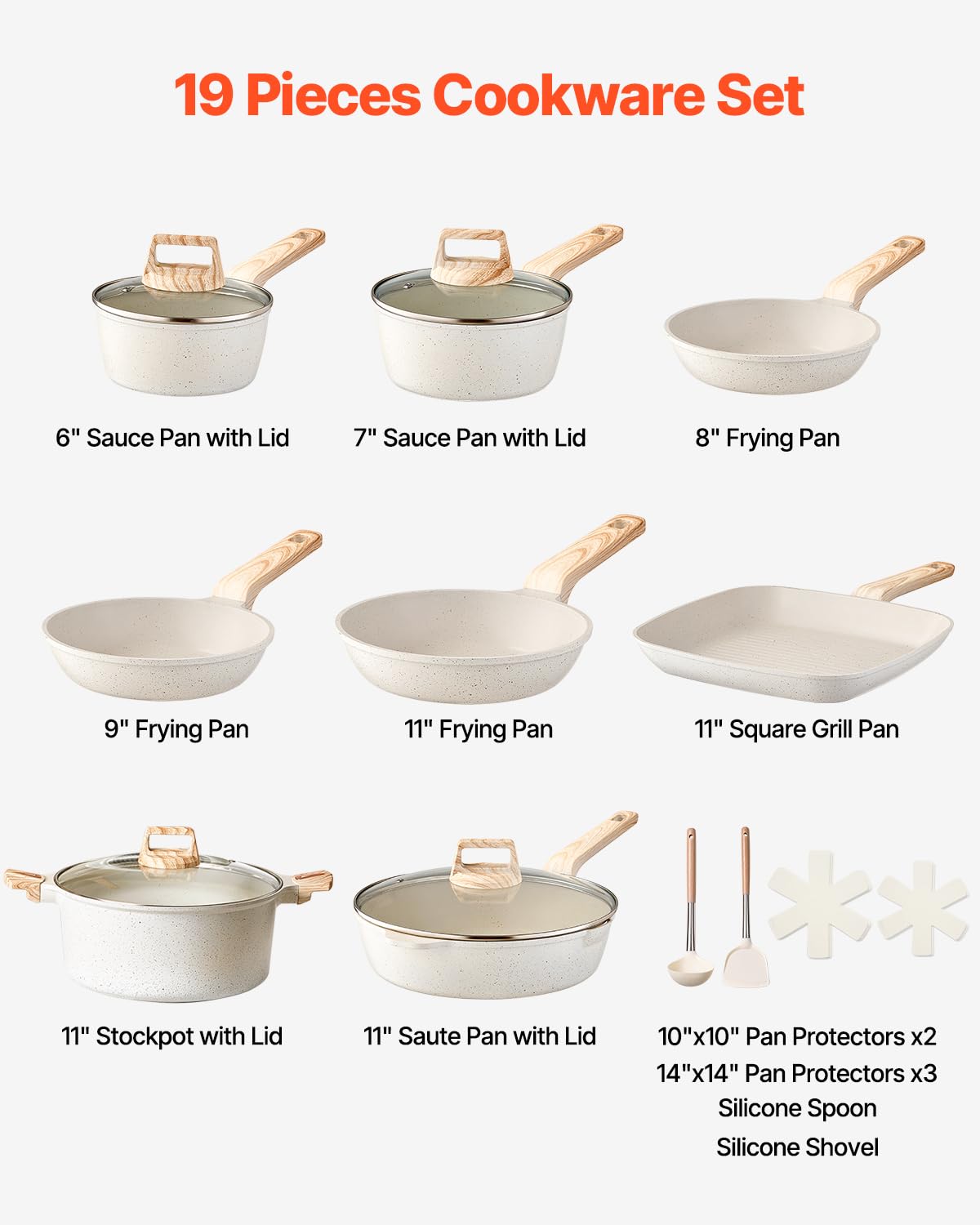 VEVOR Set di Pentole, Padelle Antiaderenti in Granito con Manico, Set di Pentole a Induzione da Cucina per Camper, con Frittura, Coperchi in Vetro Temperato, Bianco 19 Pezzi