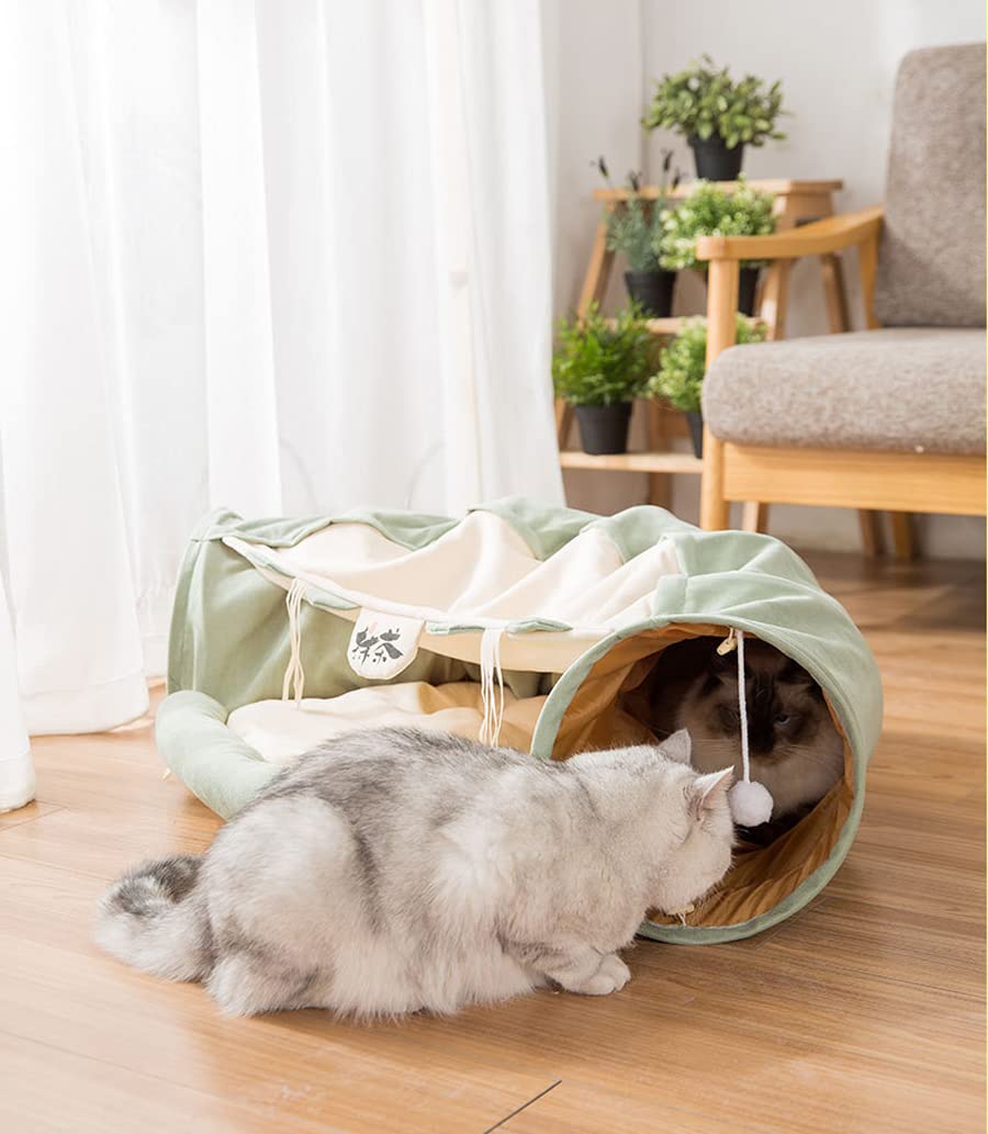 2 in 1 Katzentunnel Bettschlauch mit Kissen und Plüschball Spielzeug Spielplatz Knistern zusammenklappbar für große Katzen Kätzchen Kitty Welpe Kleine Hunde Faltbar Weiches Haustier Spielbett Indoor