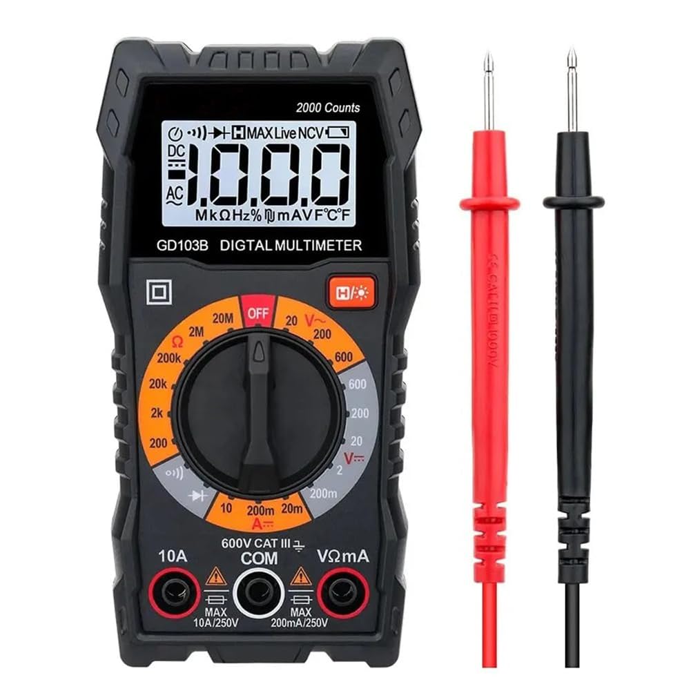TsoLay Multimetro Digitale, Voltmetro CA CC, Tester di Tensione diodi per Test di continuità con Custodia, Letture Accurate Ohm Volt Amp, per Presa Domestica, Test Batteria per Autoveicoli