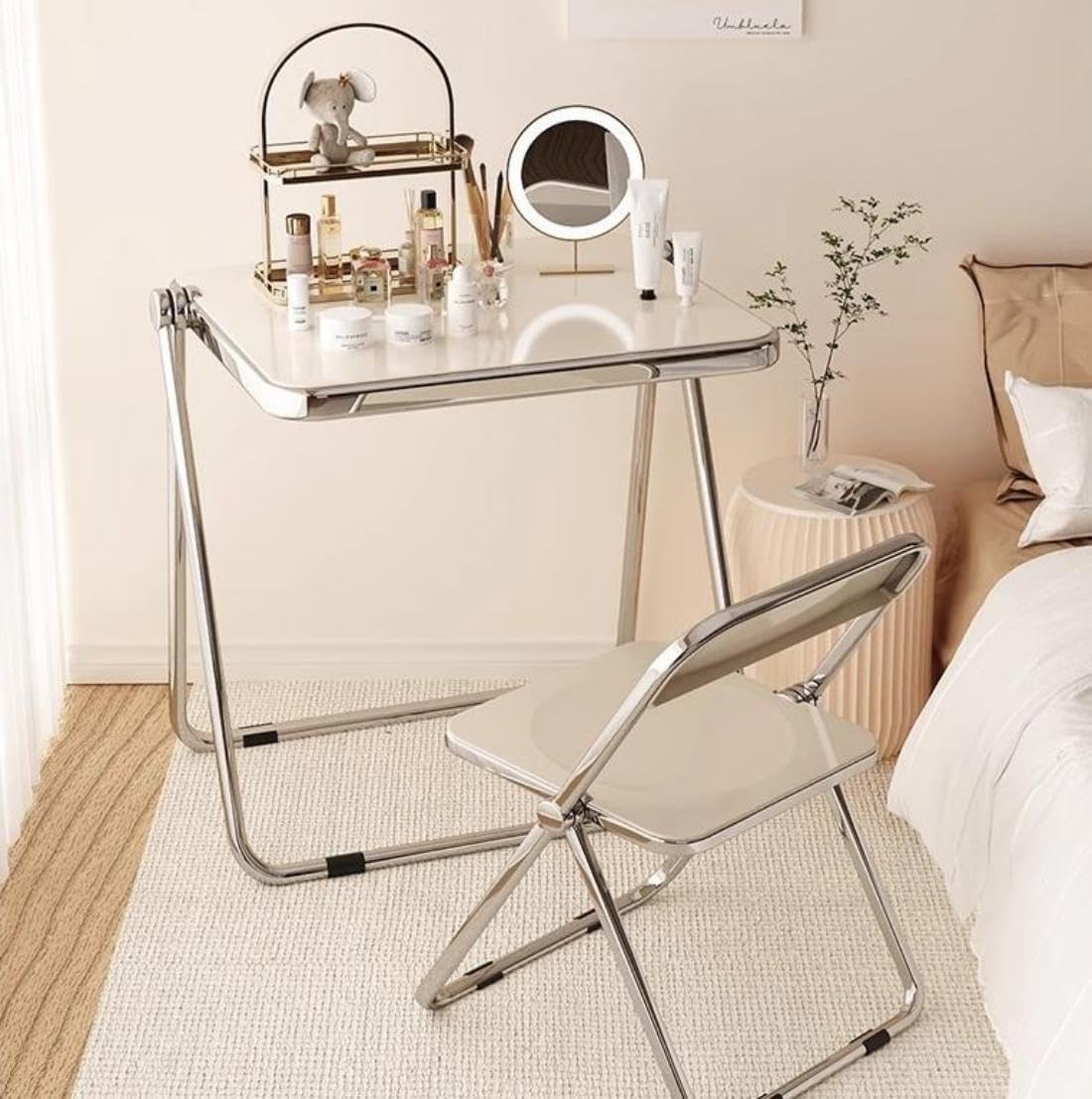 Foldable Acrylic TV Tray, Folding Tray Table Small Fold Desk Freestanding End Table Portable Side Table White for Living Room Bedroom Dining Room Study Room