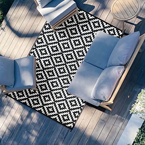 Outdoor Patio Rug Waterproof Camping - 4X6 Ft Black And White Outdoor Rugs Outdoor Carpet, Plastic Straw Area Rug For Patios Clearance Rv, Outside Porch Rug Balcony Rug Rv Rug Deck Rug For Camper #TOP4