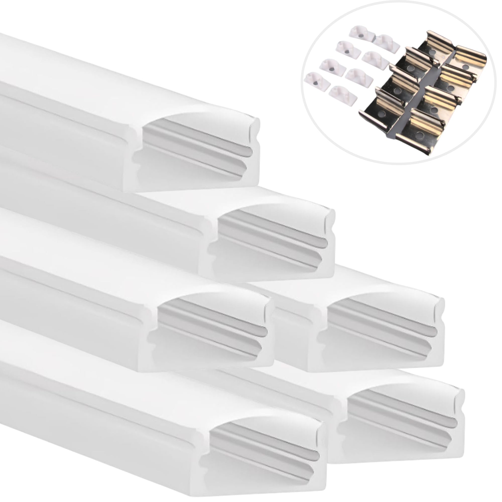 Jandei - Pack 6x Perfiles Aluminio 1 Metro Forma U para Colocación en Superficie de Tiras LED, Difusor Redondeado Blanco Semitransparente. Incluye Tapas Finales y Clips Montaje (Blanco)