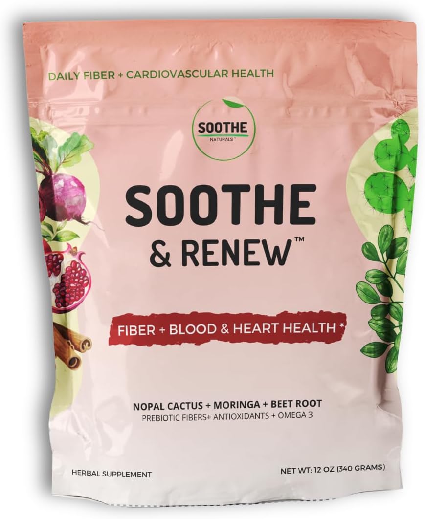 Soothe Naturals Soothe & Renew Fiber Supplement Powder - Daily Fiber Blend for Digestive Health, Bowel Regularity, Heart & Cholesterol Support with Psyllium, Flaxseed, Beetroot & Nopal-30 Servings