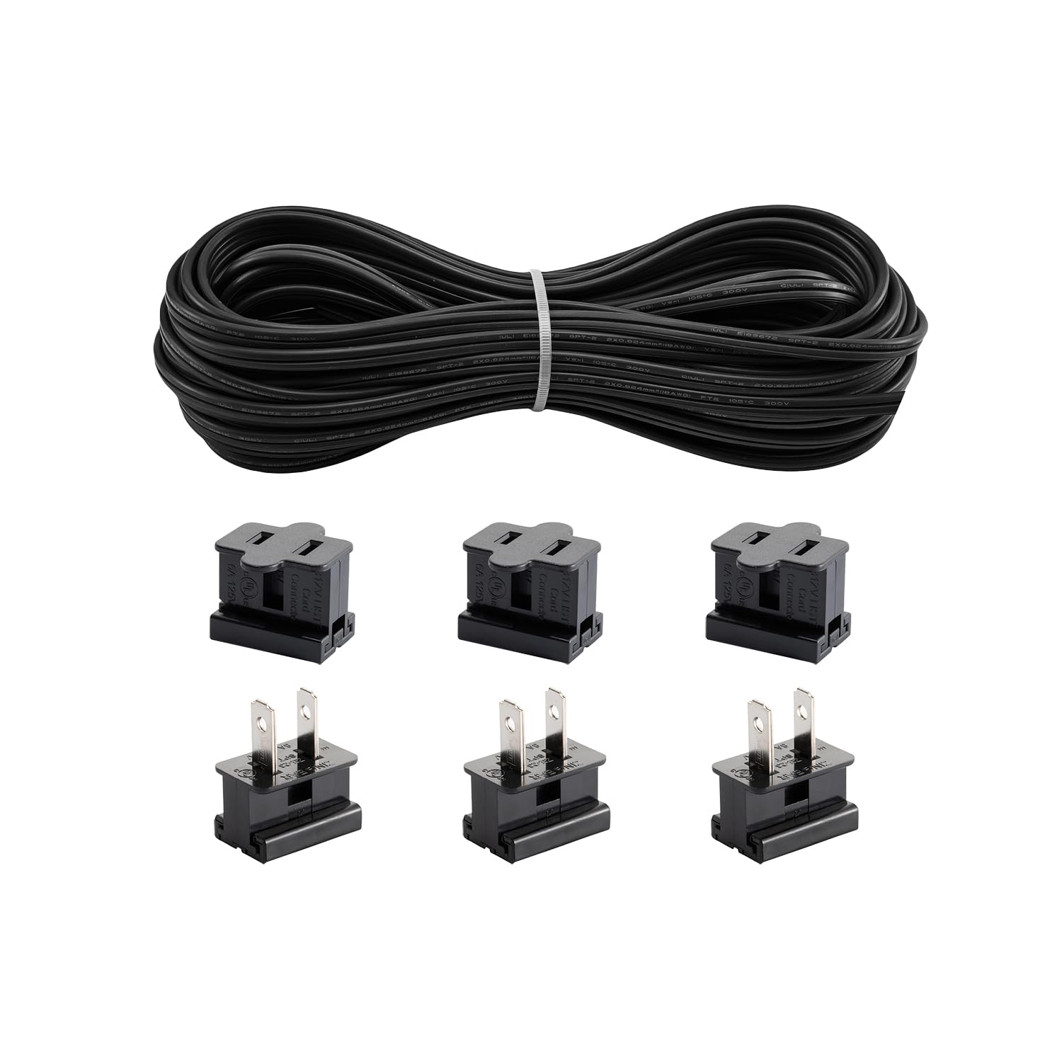 18/2 SPT-2 18AWG Electraical Wire, 100 Feet, 2 Conductor Extension Wire with 6 pcs Vampire Plugs, Ideal for Indoor and Outdoor Use(Black)