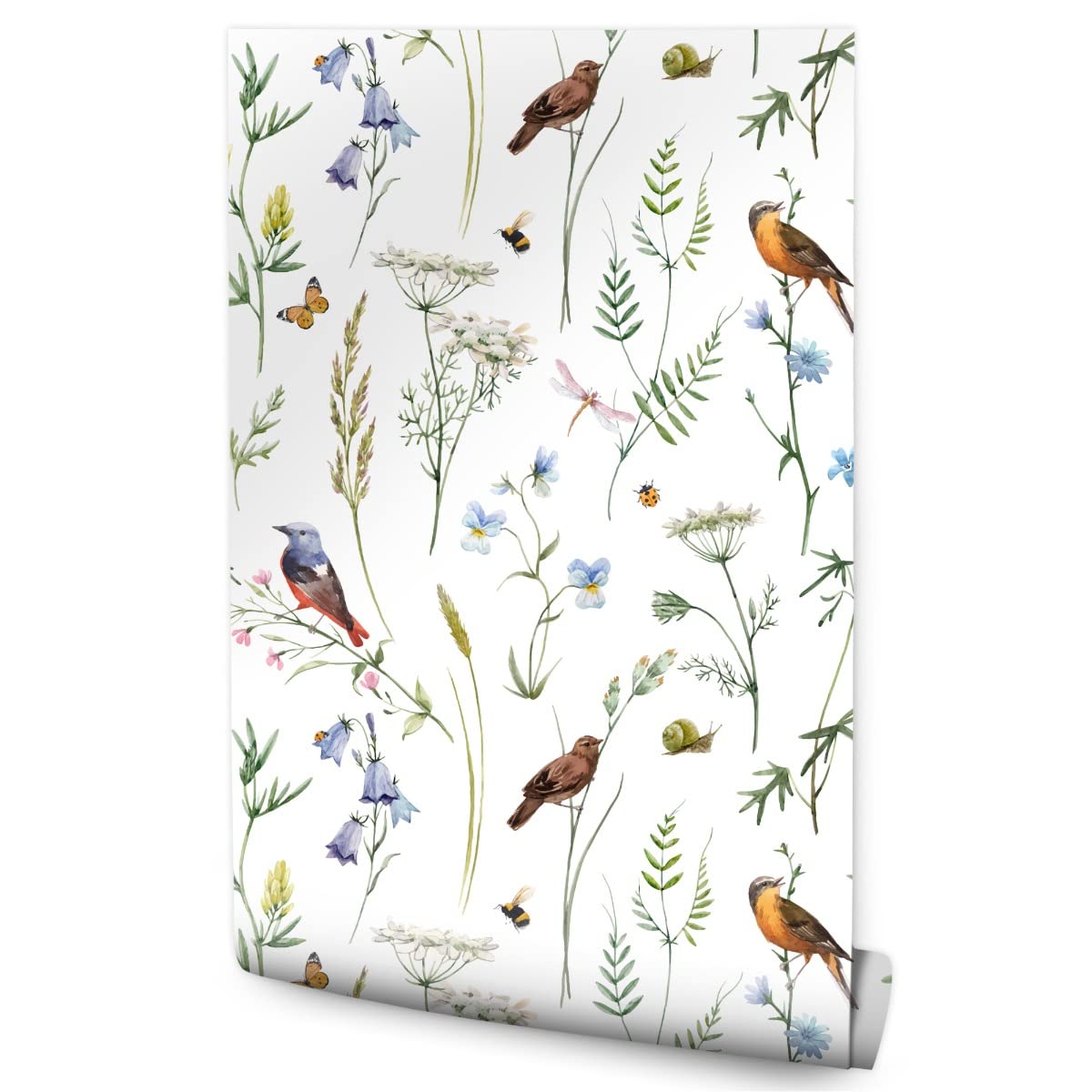 Muralo Tapeta z włókniny, 10 m, rolki, ptaki, kwiaty, liście, owady, natura, dekoracja XXL, tapeta z włókniny, 1000 x 53 cm, tapeta ścienna, do jadalni, salonu, sypialni, nowoczesny wzór, dekoracja