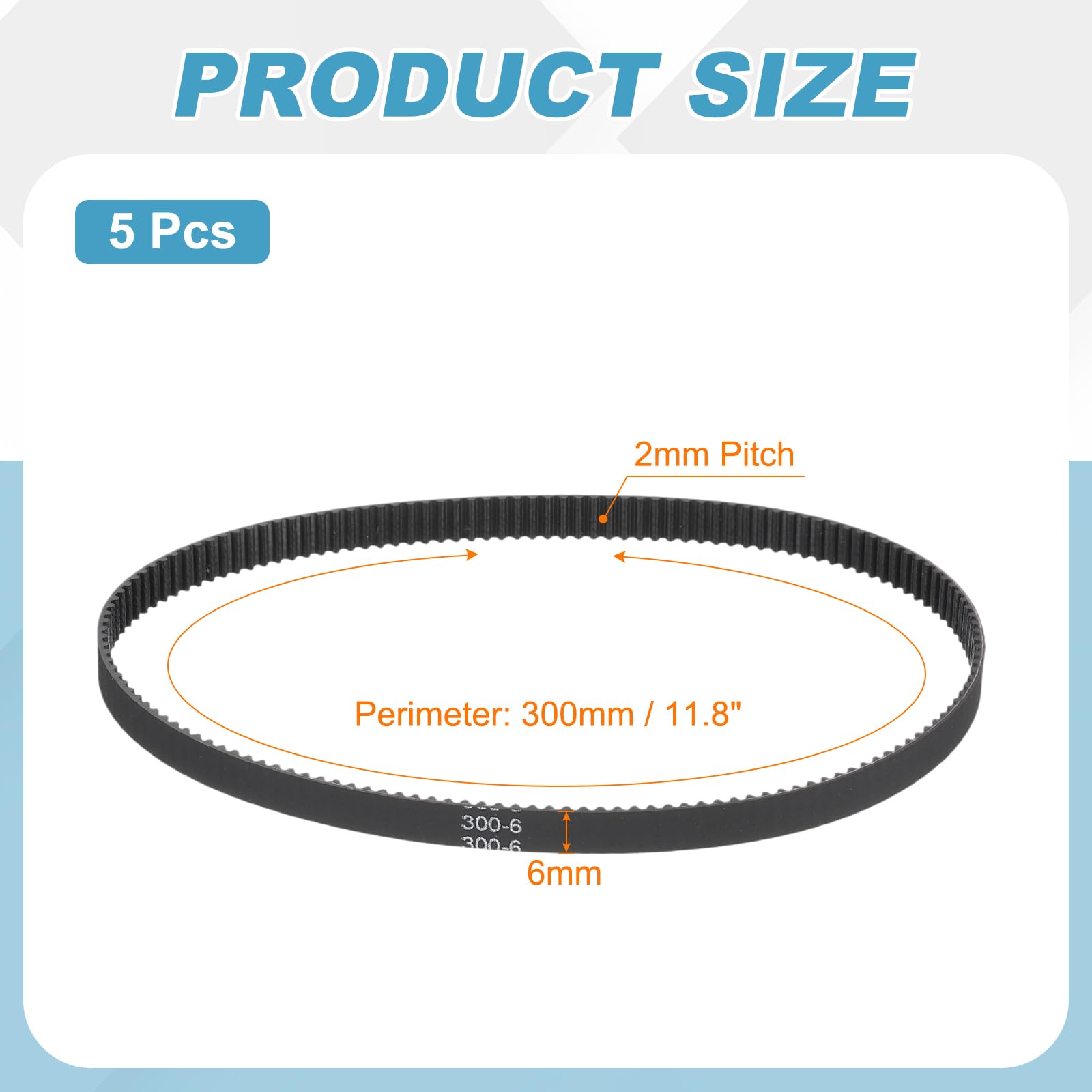QUARKZMAN Pasek rozrządu 300mm GT-2, 5 szt. 6 mm szerokość 2 mm skok druk 3D GT-2 pasek rozrządu z gumową klamrą, czarny