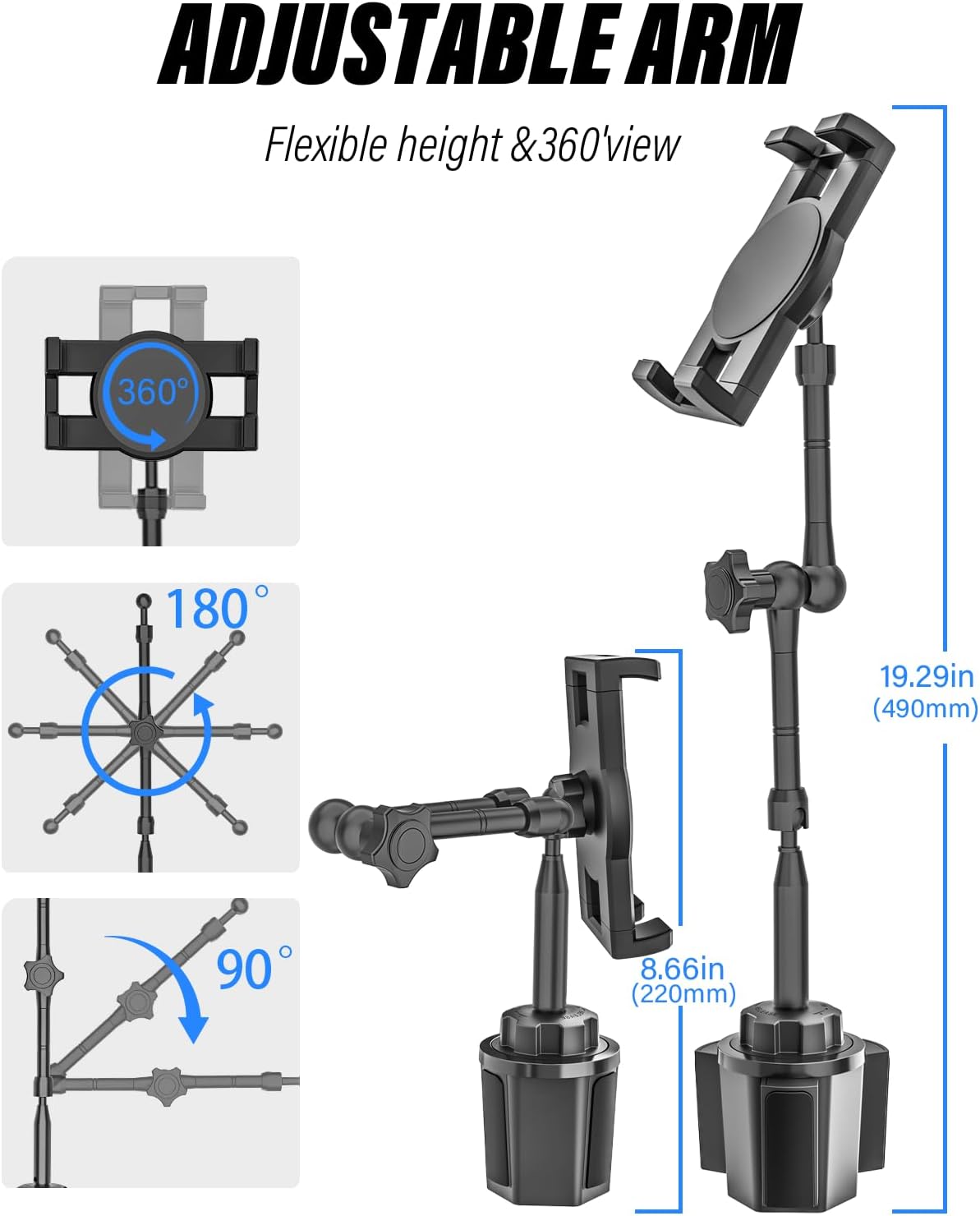 Z Fold Car Mount - [Foldable Phone Friendly] Cup Holder Tablet Mount for Car Truck, 360° Adjustable 19" Long Metal 2-Arm Stand for Samasung Galaxy Fold 7 6 5 4 3 2, Tabs, Google Pixel, iPad, iPhone