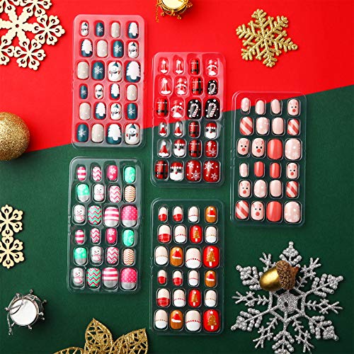 120 Pieces Girls Press on Nails Fake Nails Artificial Nail Tips Children Full Cover Short False Fingernails for Girls Kids Nail Art Decoration (Christmas Pattern) - Thumbnail 6