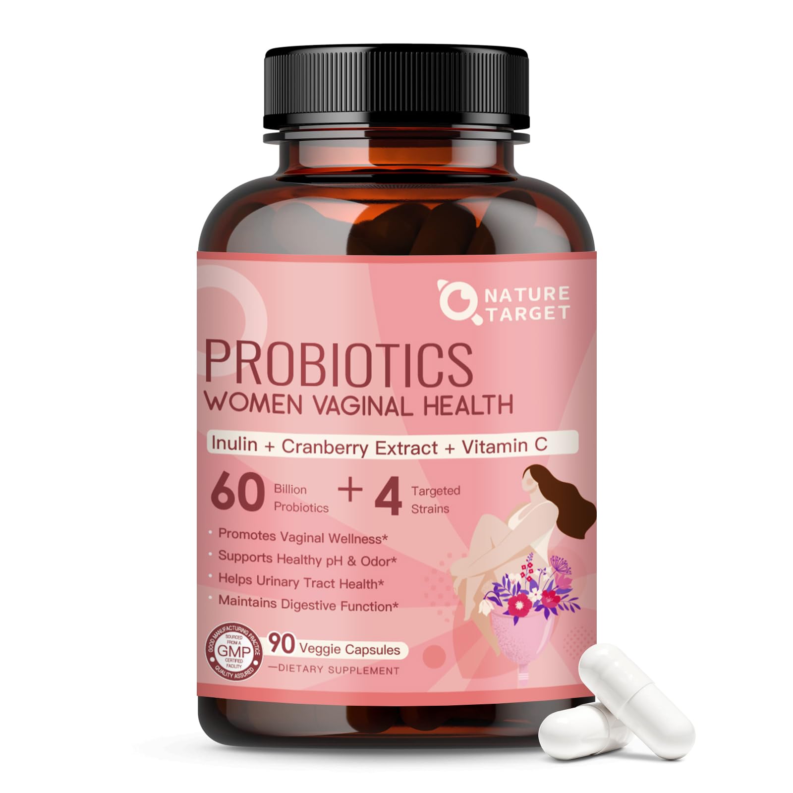 NATURE TARGET Vaginal Probiotics for Women pH Balance, 90 Vegan Capsules 90 Count (Pack of 1)