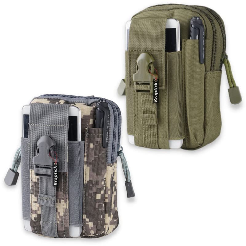 Image of Kraptick Multi-Purpose Water Resistant Waist Bag with Dual Compartment, Waist Bag Mobile Phone Holder, Waist Pack for Men, Women Camping Hiking Pouch (Army Green & ACU Camouflage) (Combo of 2)