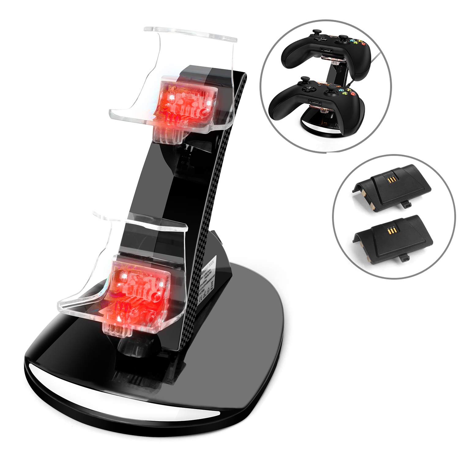 YCCTEAM Xbox One Controller Charger,Dual Docking Charging Station Stand with 2 x 1200mAh Rechargeable Battery Packs for Xbox One/One S/One X Controller,Black