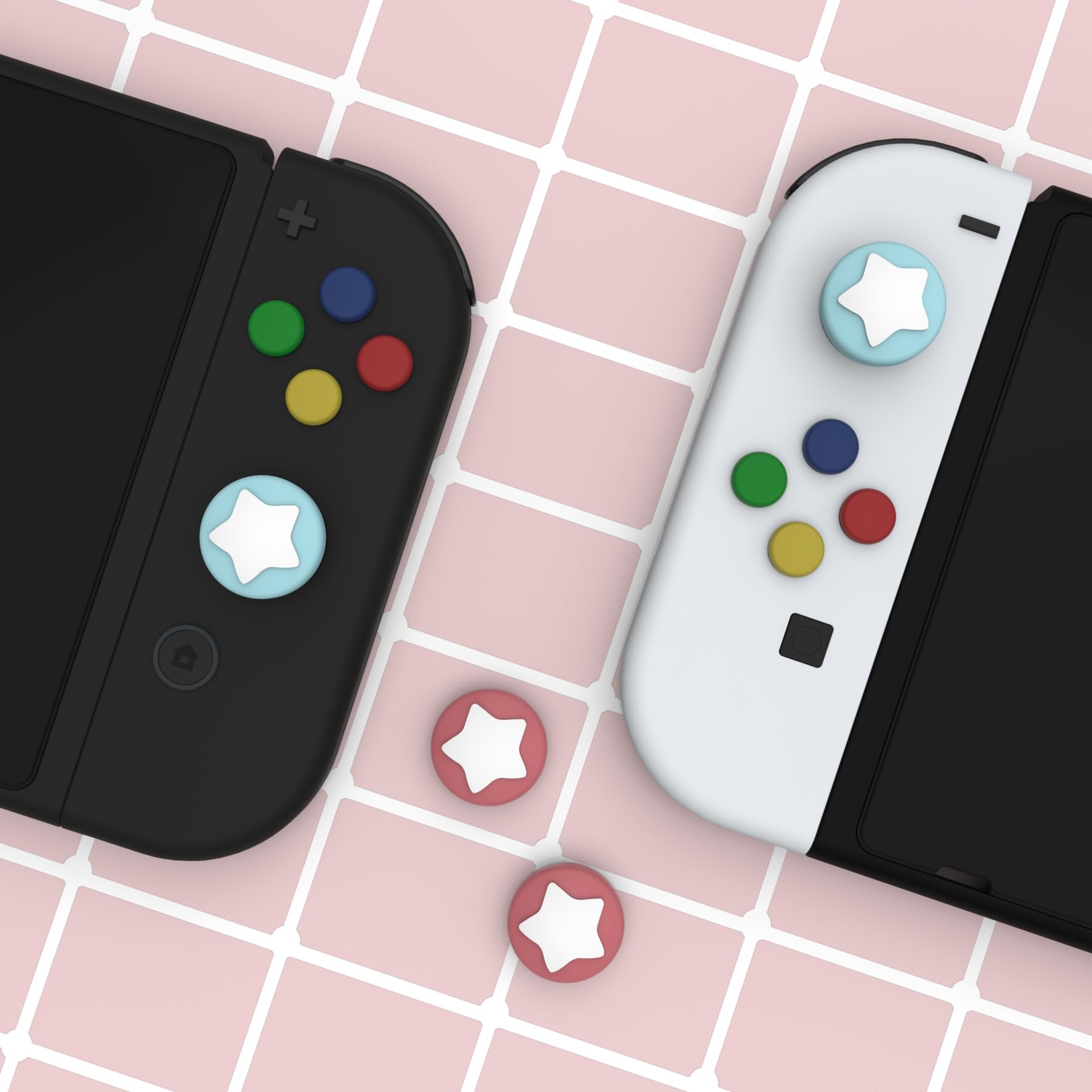 eXtremeRate PlayVital Agarres para el Pulgar para Nintendo Switch Joycon Lite Tapas de Joystick con Diseño de Estrella Thumb Grips de Silicona Tapas de Pulgar para Switch Lite joycon(Rojo Indio+Azul)
