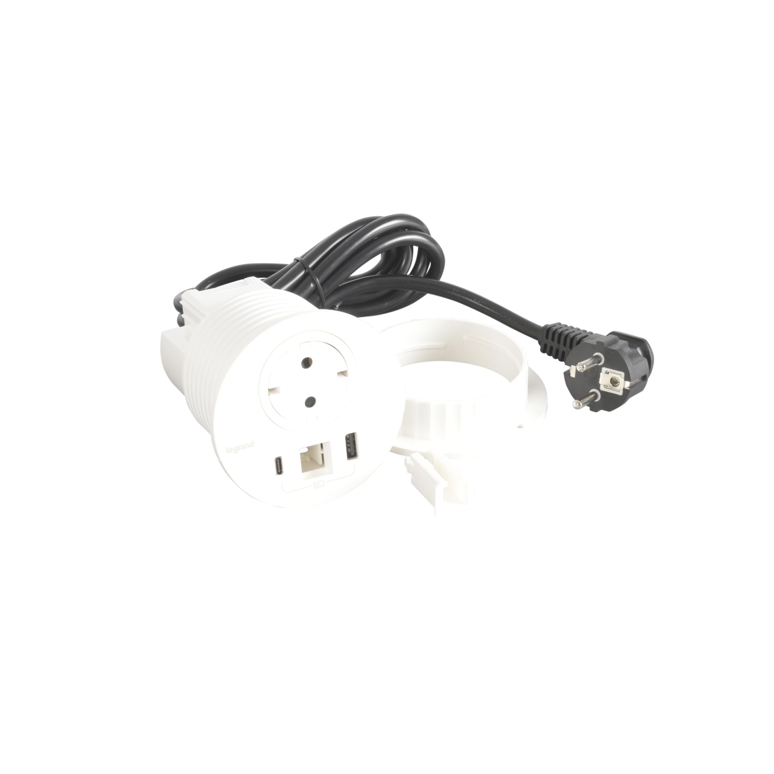 Legrand, Incara Disq 80, gniazdo ładowania USB A+C, wyjście kabla do kabla sieciowego, gniazdko stołowe, gniazdo do zabudowy, ładowarka wielokrotna, 15 W, kabel 2 m, wtyczka 2P + E, kolor: ultrabiały,