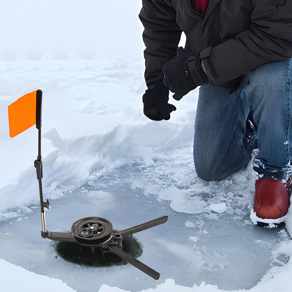 DONGKER Ice Fishing Tip Ups, 3 Stuck Eisangel-Tip-Ups Ausrüstung, Faltbare Eisangelrute mit orangefarbenen Rutenflaggen für Angelzubehör