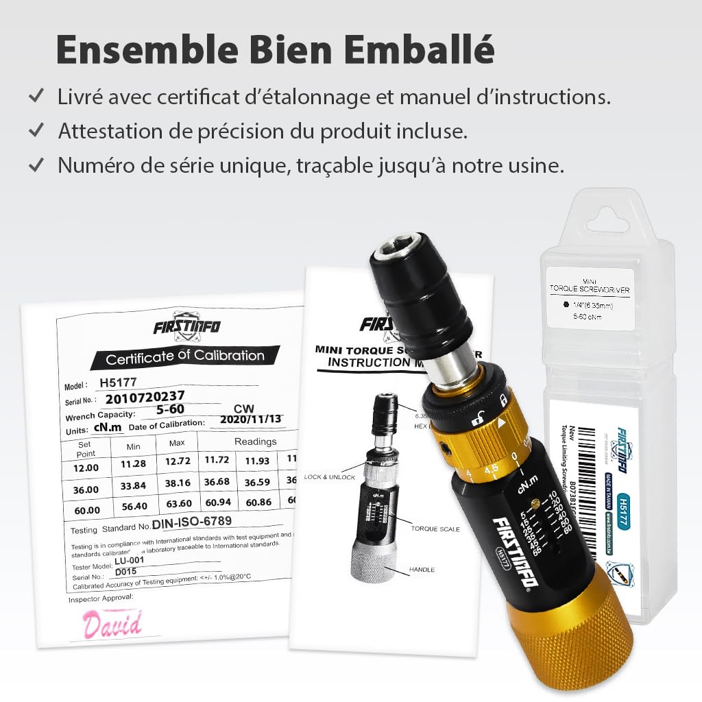 FIRSTINFO Tournevis Dynamométrique de Précision 1/4" Hex 5-60 cNm ASME ISO