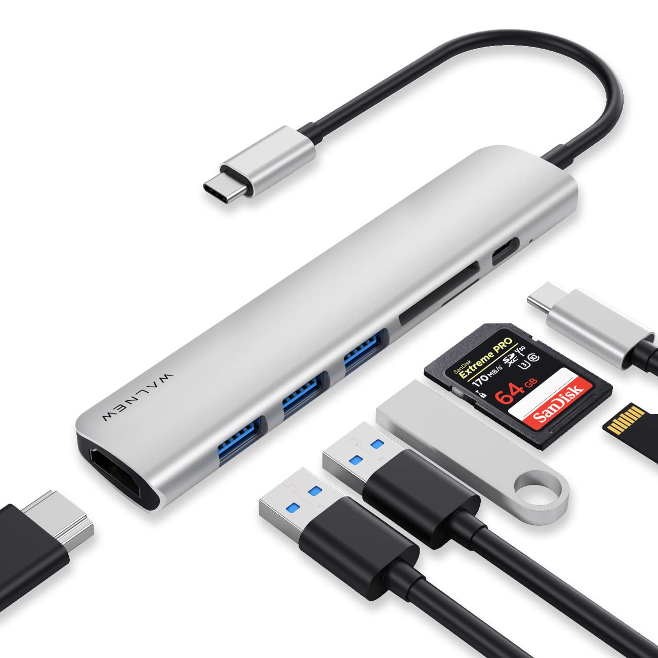 WALNEW USB C Hub, MacBook Pro USB C Adapter, 7in1 Type C Hub with 4K