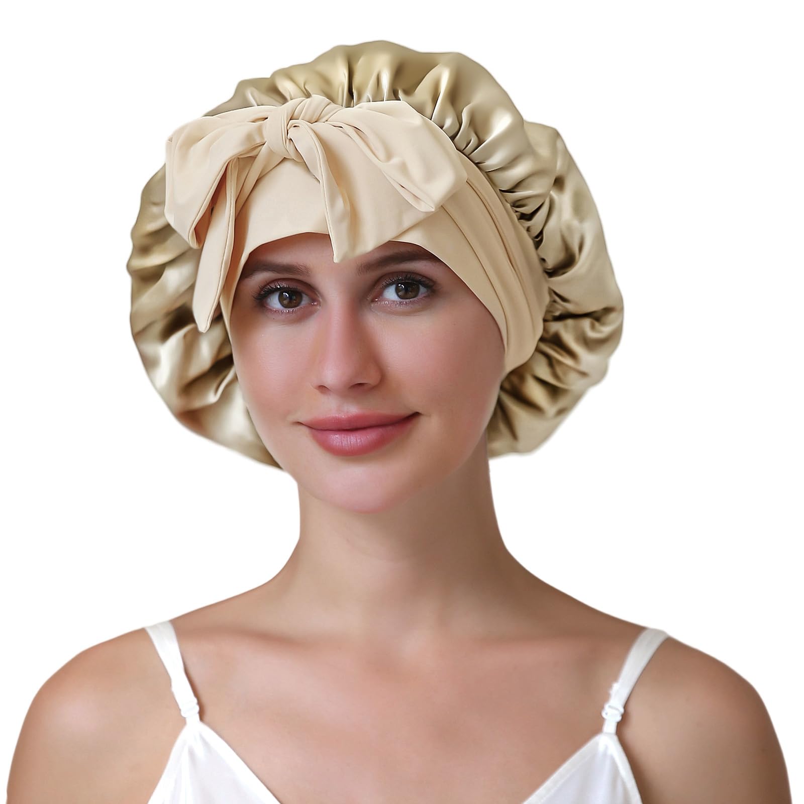 ZIMASILK 100% Mulberry Silk Bonnet for Sleeping Shower Caps Women Long Hair Double Layer Silk Hair Wrap with Elastic & Tie Band Cooling Hair Caps for Hair Care Stay On Head (1Pc