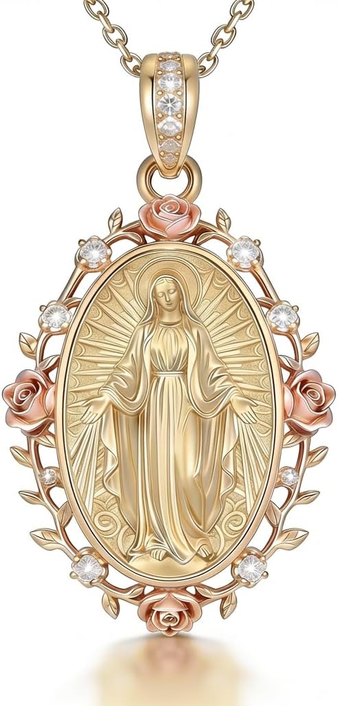 Elegant Virgin Mary Pendant Necklace, Gold Plated Oval Medal with CZ Stones and Floral Design, Inspirational Religious Jewelry Gift for Women, Christmas, Baptism, First Communion