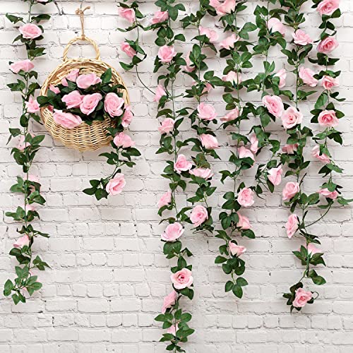 Swstinling 2 Pack (16Ft) Artificial Rose Vine Flowers Plants Pink Fake Flower Vine For Wedding Home Party Garden Craft Art Decor Pink #TOP3