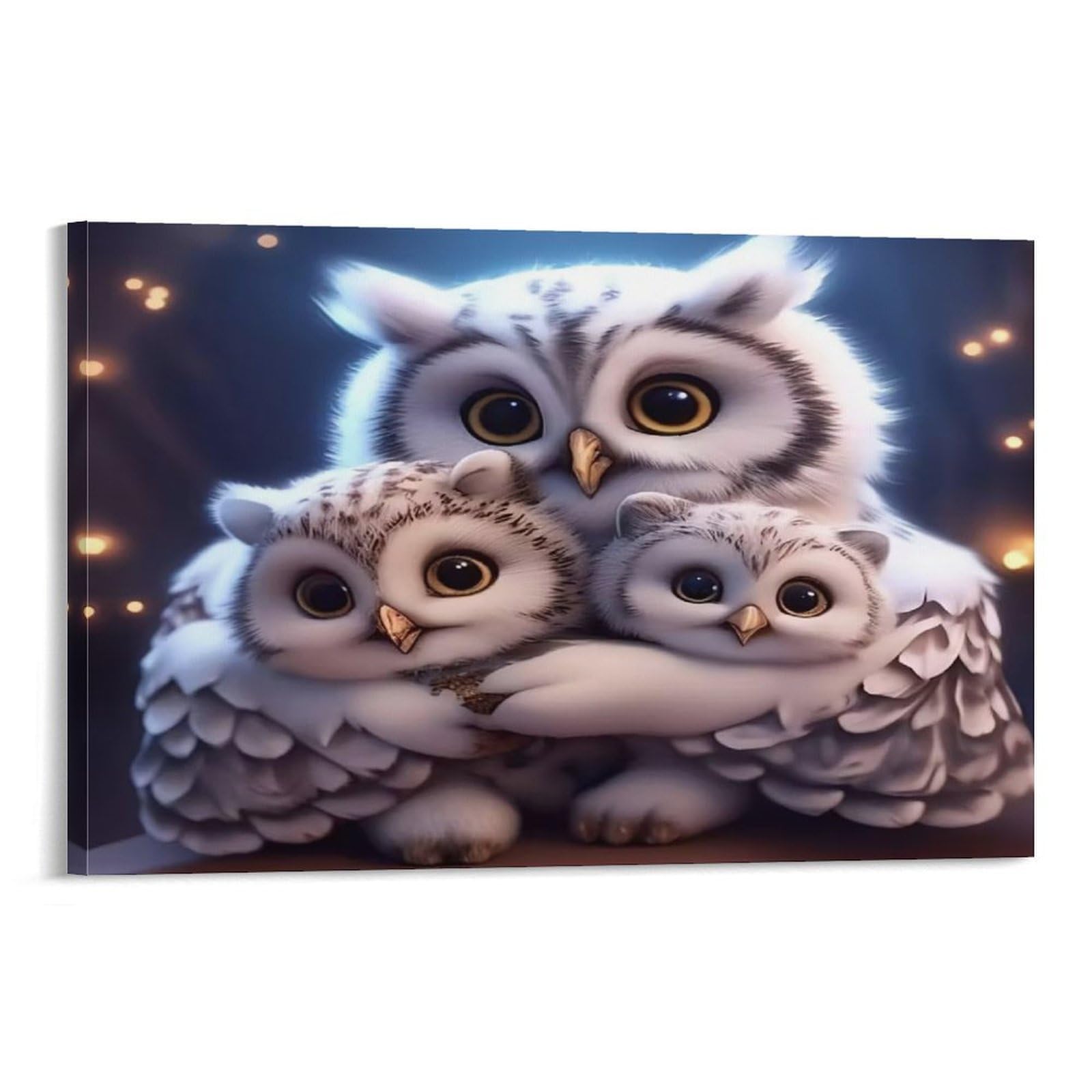 CPLVKWRQJ Snowy Owl on Christmas Tree Single Mother Owl Cuddles Two Fluffy Baby Owls Framed Canvas Wall Art - Living Room Gallery Wall Statement Piece Fade Resistant Decor 20x30inch(50x75cm)