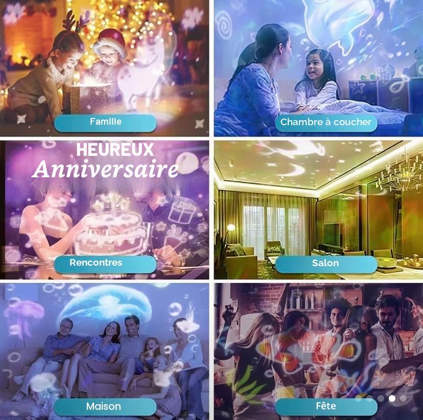 Elloé Veilleuse Projecteur Océan Étoilé Veilleuse avec 12 Effets d'Eclairage 6 Films de Projection Multiples Thèmes Dauphins, Poisson-Clown, Licornes et Anniversaire
