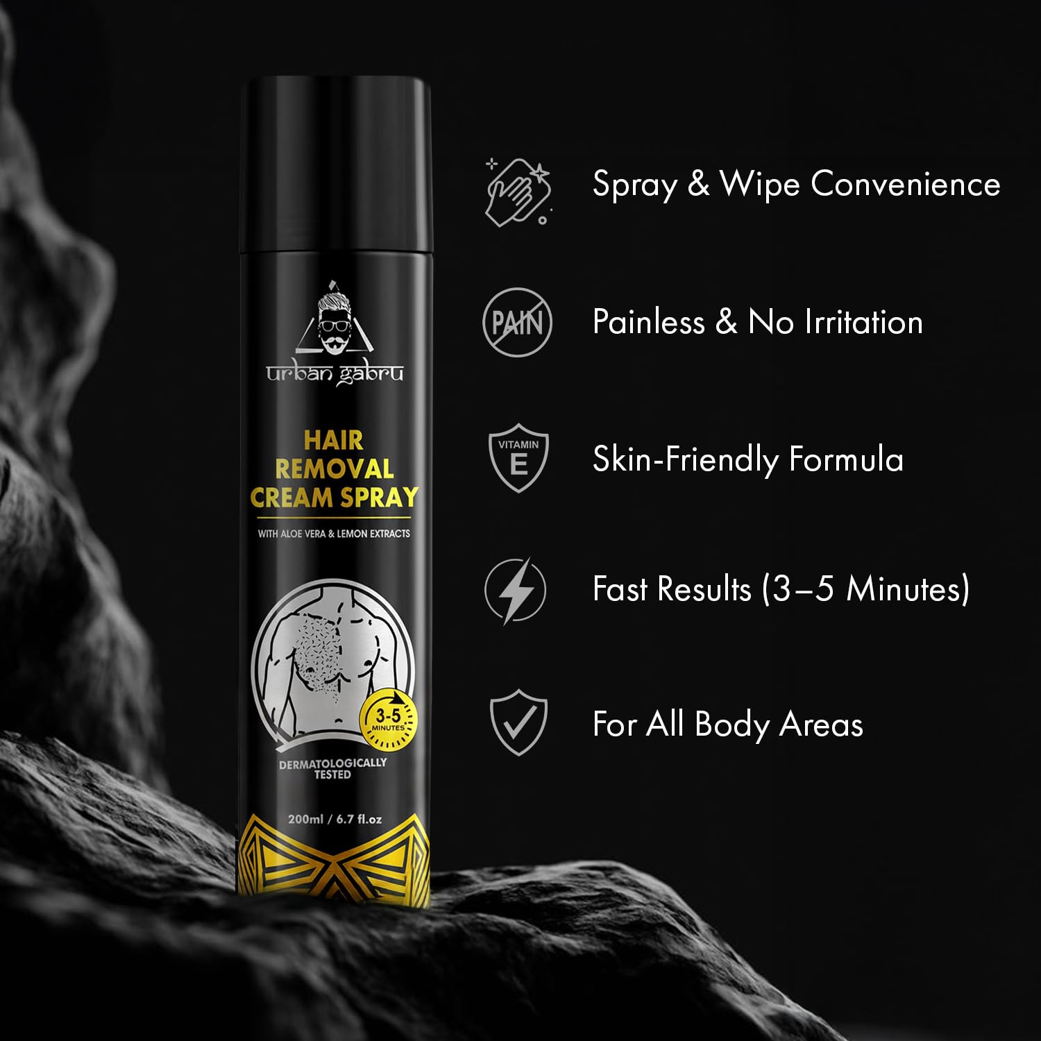 Urbangabru Hair Removal Cream Spray 200ml | Painless Body Hair Remover for Legs, Chest, Back & Underarms | Fast & Easy Body Hair Removal | (6.76 Fl Oz / 200 ml)