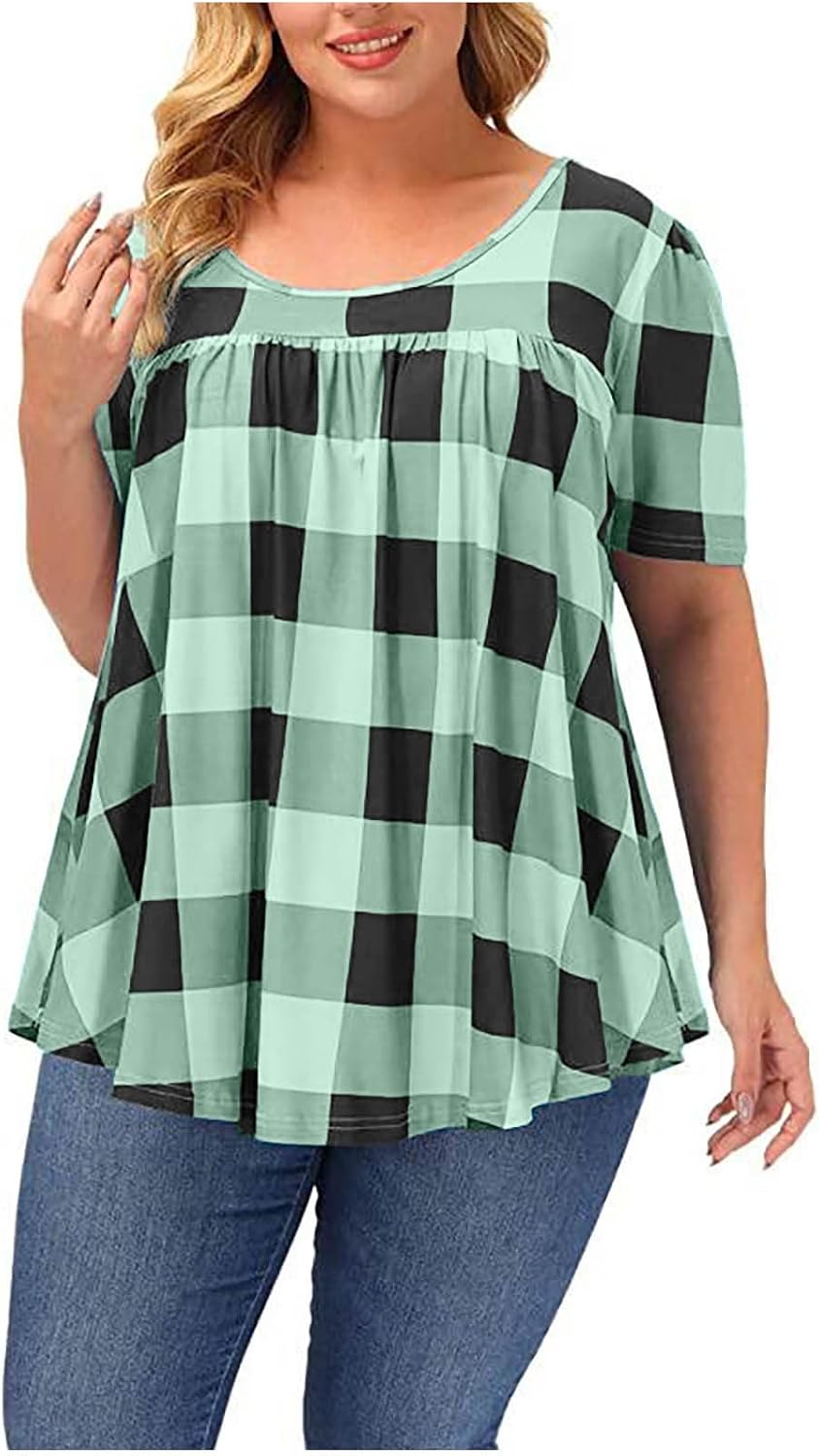 Plus Size Tops for Women 2025 Fashion Plain Crewneck Short Sleeve Tunic Shirts Causal Pleated Flowy Blouse Outfit