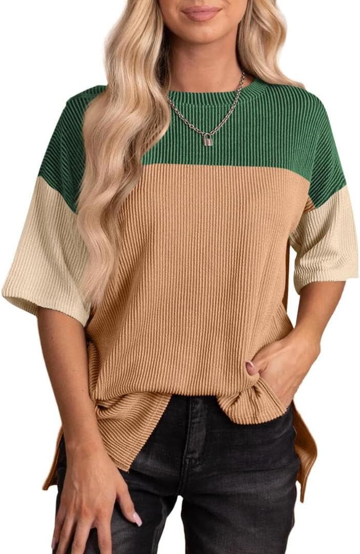 Womens Color Block Fashion Short Sleeve Crewneck Knitted Spring Summer Casual Loose T Shirts Tops