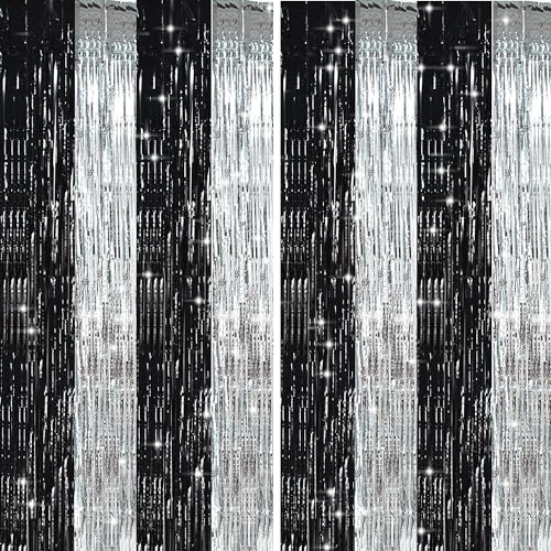 Image of TONIFUL Silver Black Door Streamers,Silver and Black Photo Booth Backdrop Metallic Streamers Foil Fringe Curtain for Birthday,New Year,Graduation,Grad,Bachelorette Party Streamers Decoration