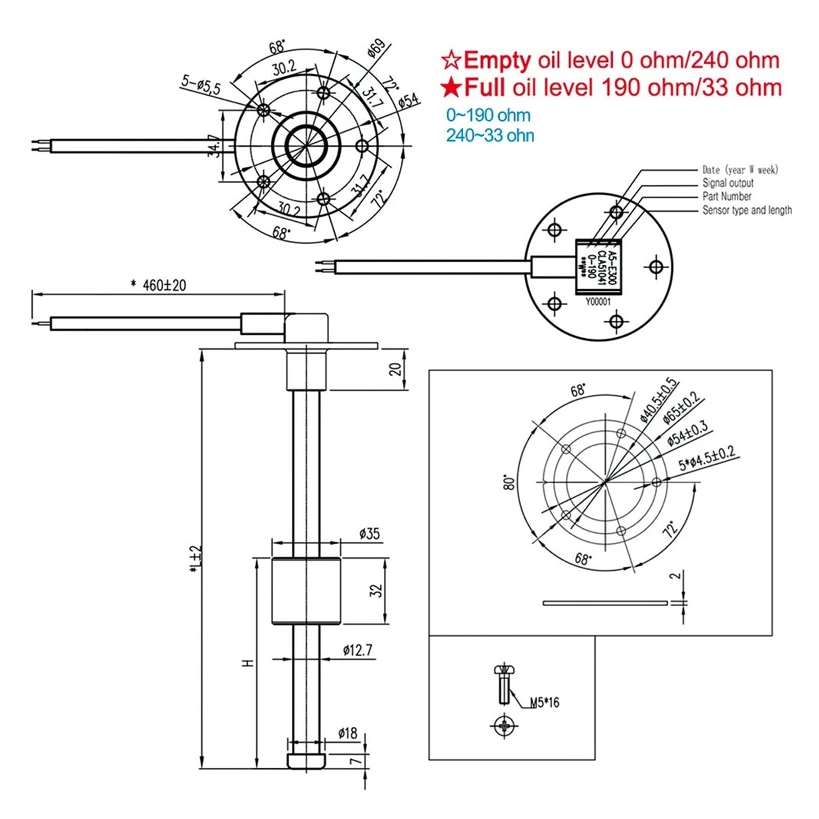 Wskaźnik poziomu paliwa w zbiorniku 0-190ohm z czujnikiem poziomu paliwa Czerwone podświetlenie 12v/24v Pasuje do samochodu łodzi Uniwersalny(Gauge 425mm sensor)