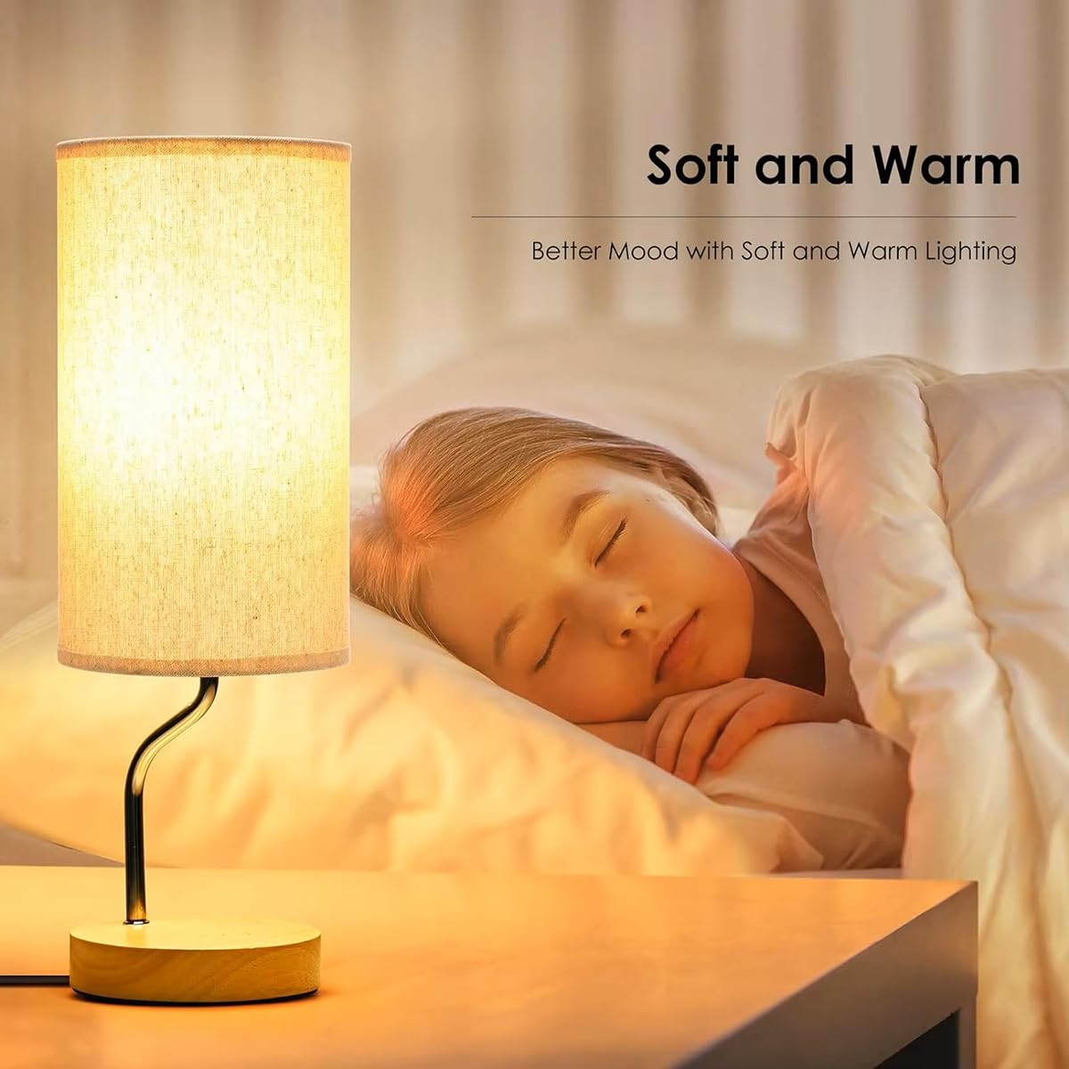 Kwadratowa Lampa Stołowa LED, Nowoczesna ściemnialna Lampka Nocna Z Abażurem Lnianym, Z Gniazdem USB/typu C, Podstawa E26/E27, 3 Tryby światła, Do Sypialni Stolika Nocnego I Gabinetu(Wood)