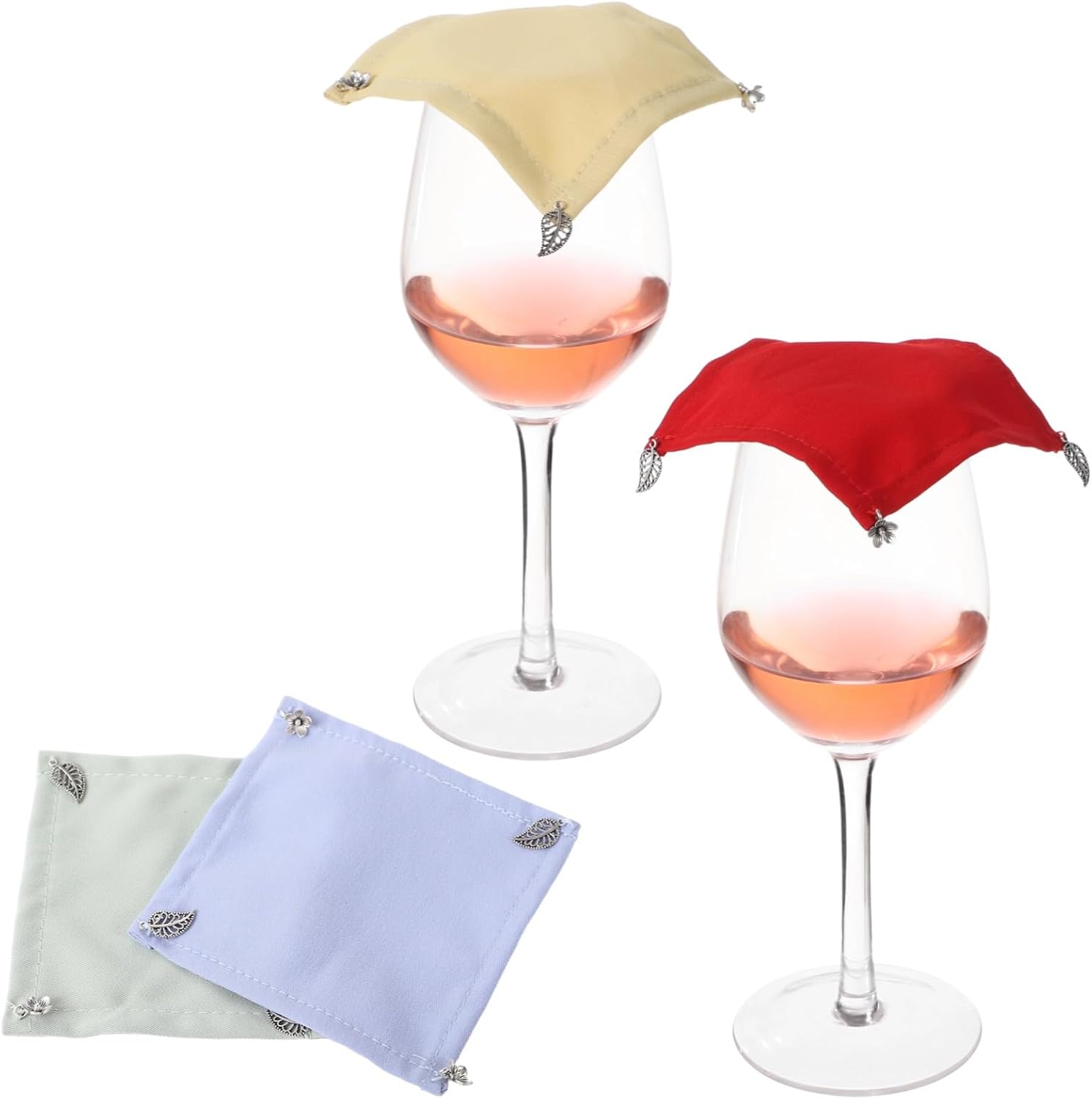 Wine Glass Covers to Keep Bugs Out, 4 Pack 4x4in Square Fabric Drink Covers with Weighted Silver Corner Accents, Breathable & Reusable, Multicolor for Patio, Outdoor Picnic, Restaurant