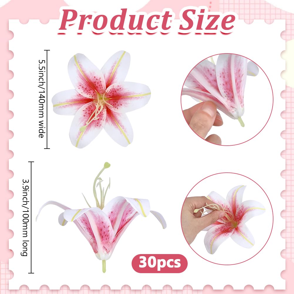 30 Set Künstliche Rosa Lilien, Künstliche Lilienblütenköpfe Aus PVC Mit Realistischen Lilienblättern Abnehmbaren Staubgefäßen Für Brautsträuße Wohnkultur Bastelarbeiten Blumenarrangements