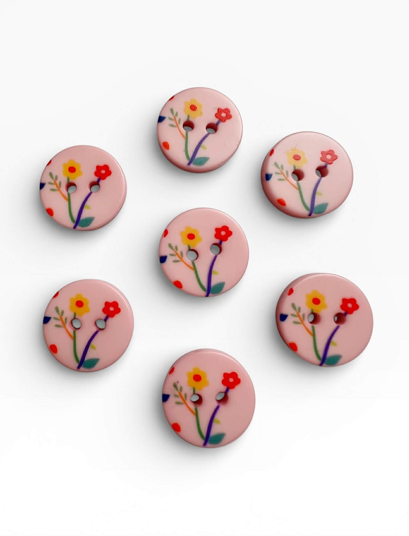 Pink Floral Resin Round Buttons with 2 Holes, 18mm Diameter, 7 Pack
