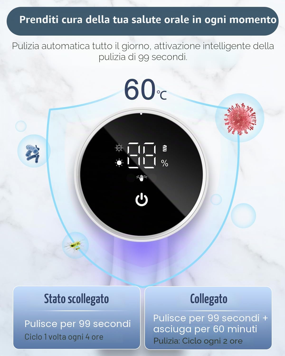 portaspazzolino igienizzante UV, supporto per spazzolino da denti a parete per bagno, schermo LED intelligente, custodia per spazzolino da denti con sanificazione UV integrata e asciugatura