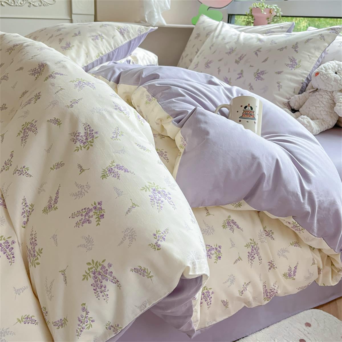 Floral Duvet Cover Queen Size Lavender Purple Romantic Flower Bedding Set 3 Pcs Kids Boys Girls Women Spring Aesthetic Green Botanical Soft Breathable Comforter Cover with Zipper Closure