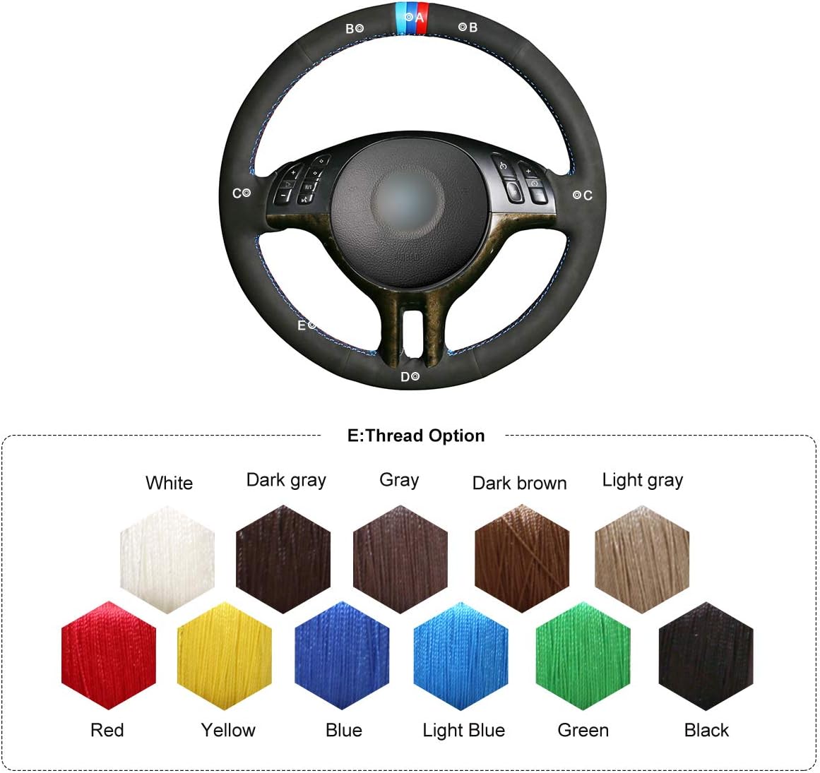 MEWANT Hand Sewing Black Suede Car Steering Wheel Cover for BMW 3 Series E46 E46/5 2000 2001 2002 2003 2001 2005 / X5 E53 2000-2001 Steering Wheel Wrap with Marker