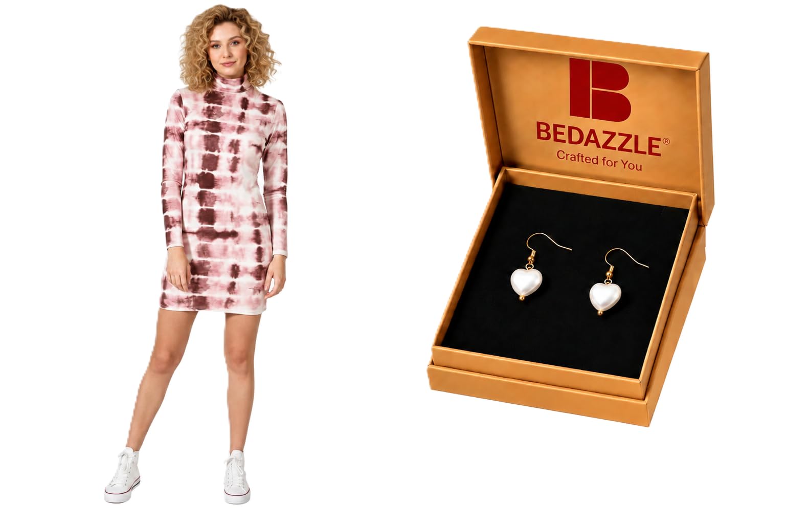 bedazzle Women's Tie-Dye Turtleneck Mini Dress, Long Sleeve, Pink Dress and Pearl Heart Drop Earrings Set-picture-20
