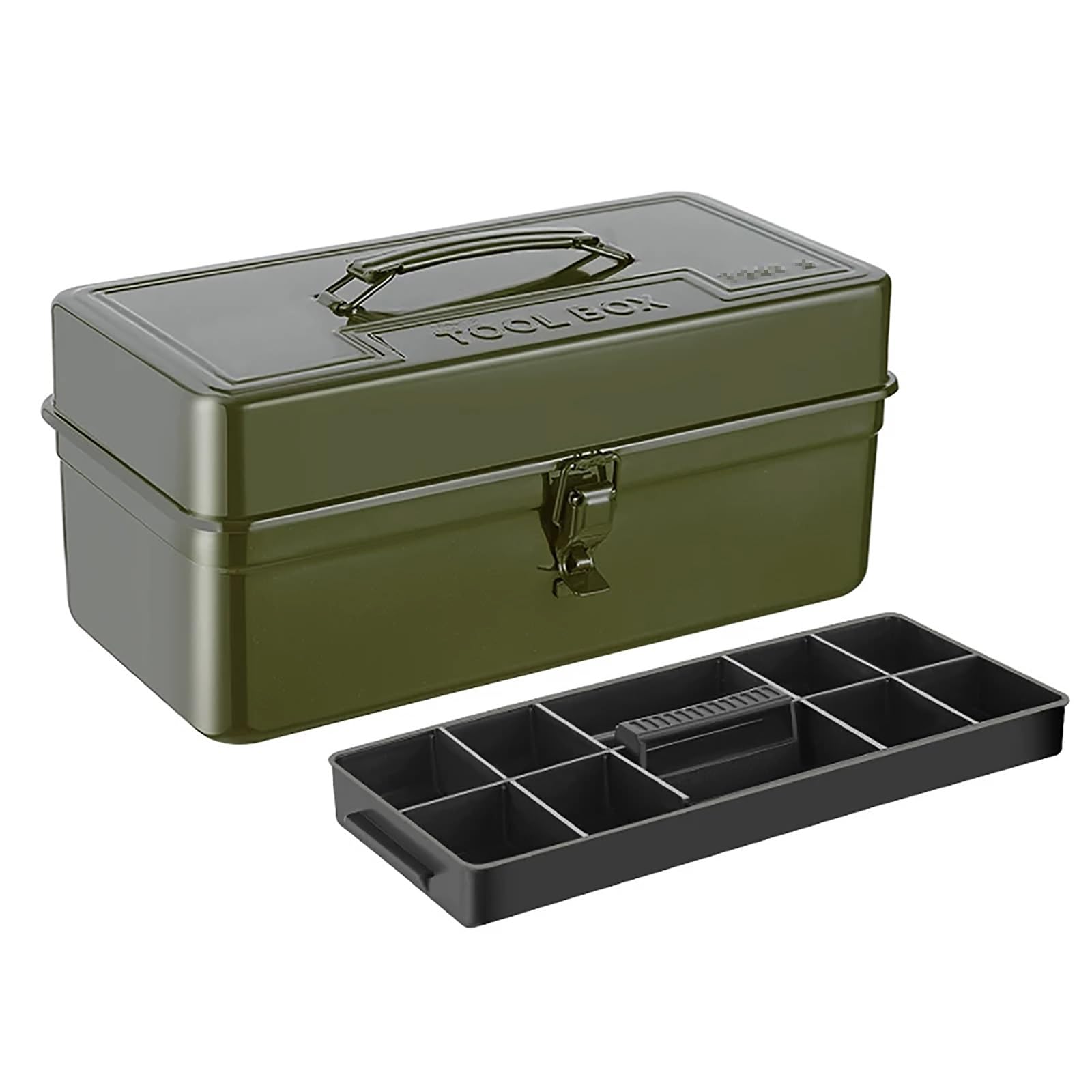 Steel Tool Box With Removable Tray, Portable Metal Tool Organizer with Latch, Green Toolbox for Home Garage, Workshop and Car Repair Tools Storage