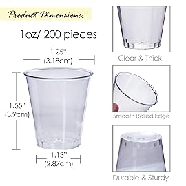 Craft And Party, 1oz 200 pcs Premium Clear Shot Glasses. Disposable Clear Cups for Wine Tasting, Vodka, Whiskey, jelly shot, sample Cups For Party and Gathering. (200, 1oz)