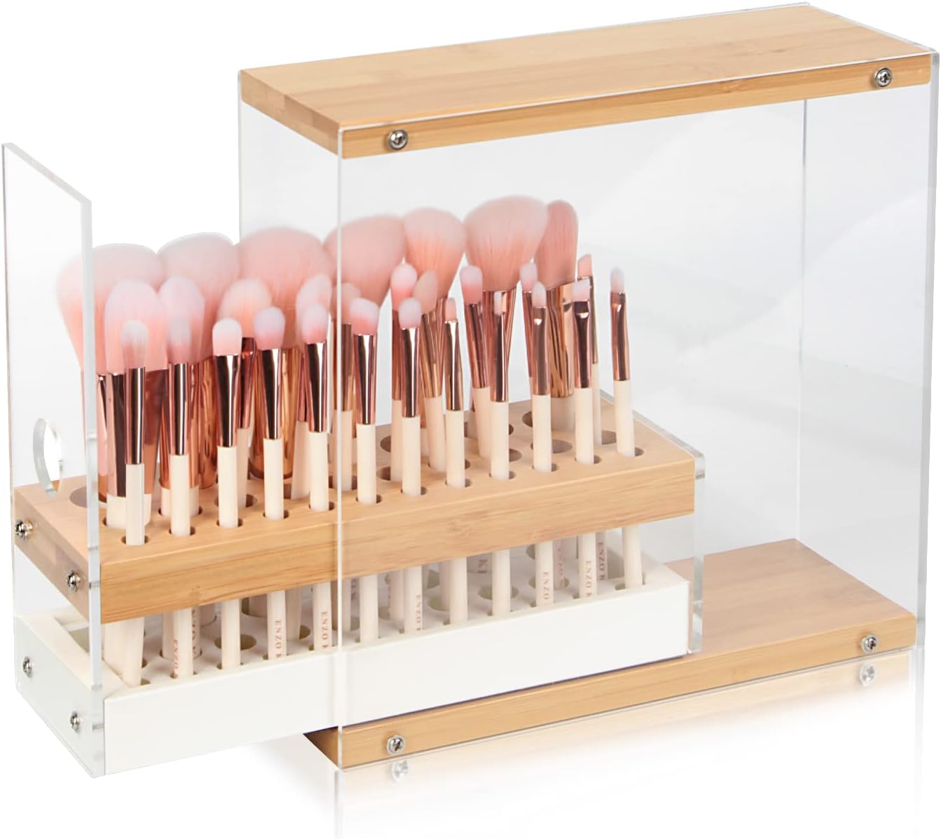 JACKCUBE DESIGN 29 Holes Acrylic Bamboo Brush Holder Organizer Beauty Cosmetic Display Stand with Leather Drawer(White, 8.77 x 3.34 x 8.42 inches) - :MK228D