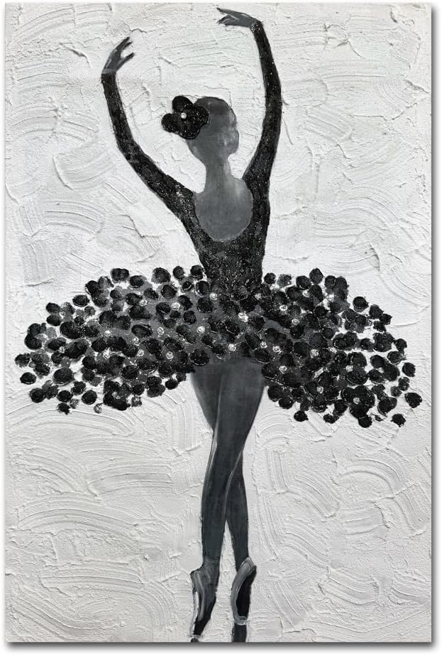 Paimuni Ballet Textured Wall Art Black and White Dancing Girl in 3D Floral Dress Painting for Living Room Bedroom Wall Decor 24x36 Inch Ballet Black 24X36inch