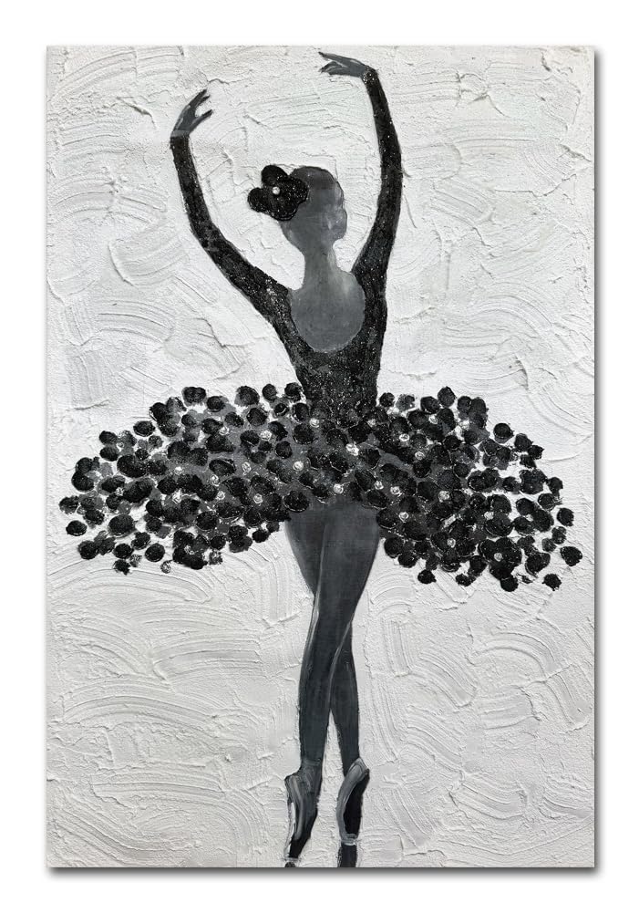 Paimuni Ballet Textured Wall Art Black and White Dancing Girl in 3D Floral Dress Painting for Living Room Bedroom Wall Decor 24x36 Inch