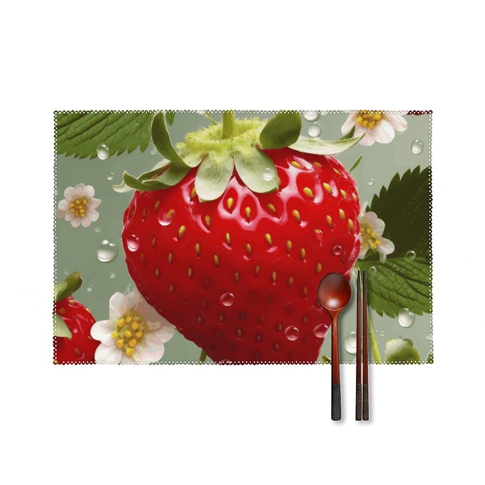Lovely Strawberry Placemats Set of 6, 12x18 Inch Heat Resistant Washable Canvas Table Mats, Stain Resistant Decorative Dining Placemats for Kitchen, Restaurant, Outdoor Party