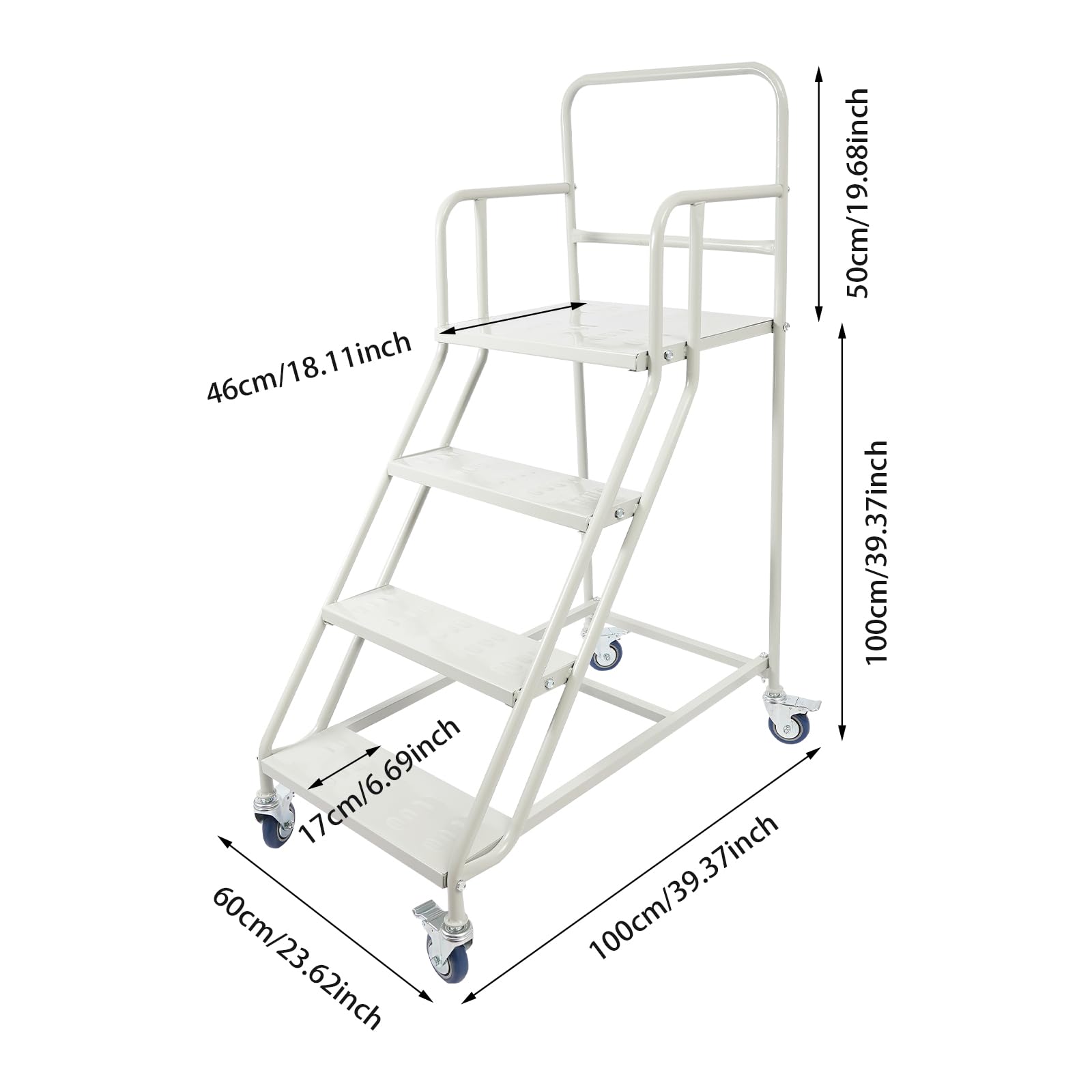 Escalera mecánica de 4 peldaños, 60 x 100 x 100 cm, escalera de seguridad, 4 peldaños, con ruedas y frenos, soporta hasta 400 kg, acero laminado en frío, escalera de almacenamiento de cuatro niveles
